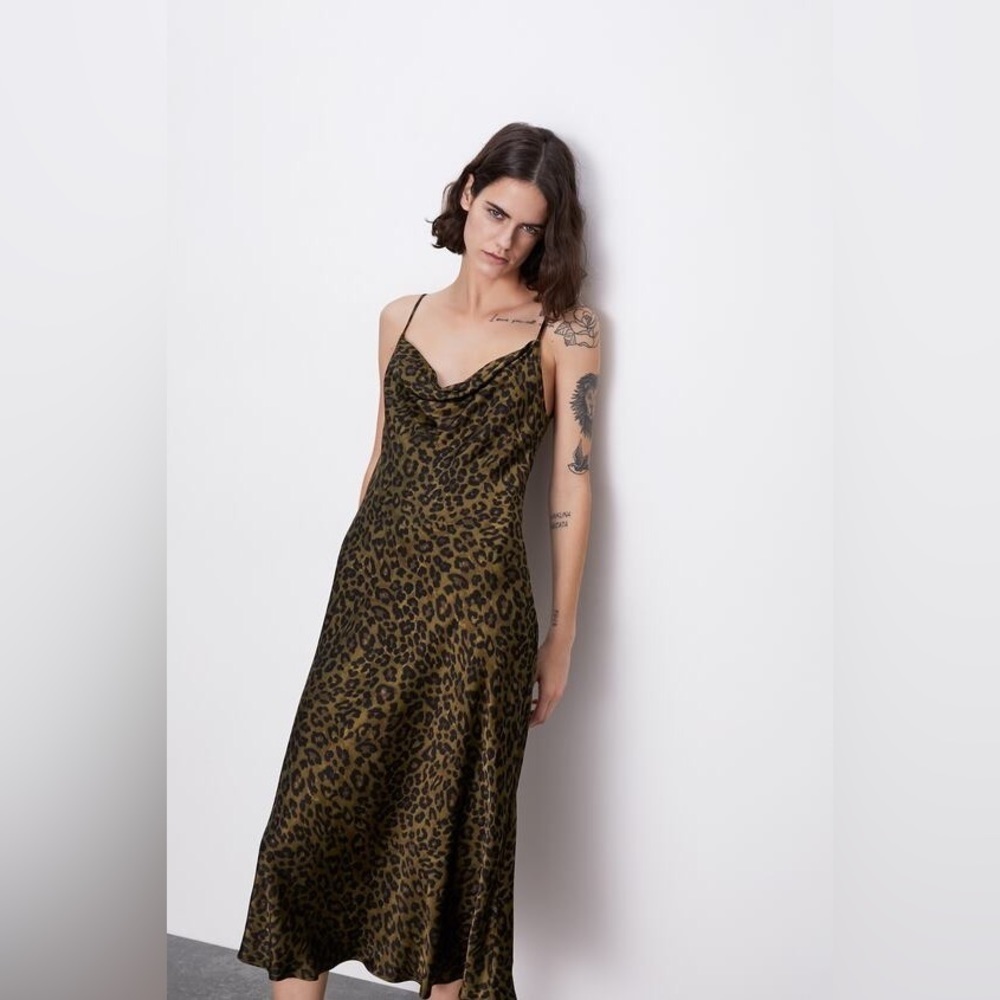 Zara Animal Print Flowing Camisole Midi Slip Dress Green/Black Size S
